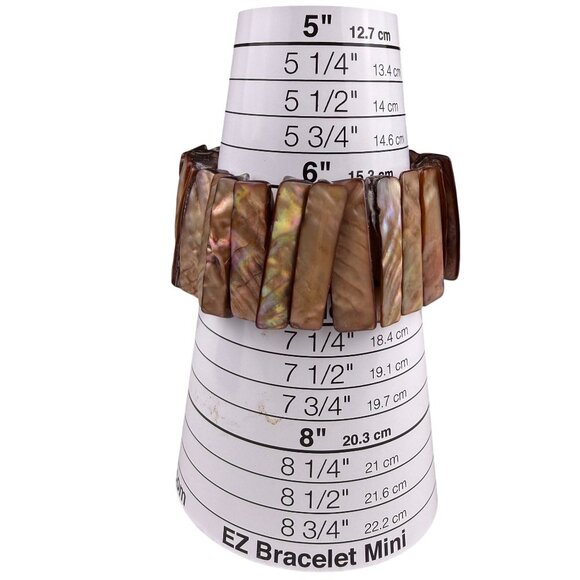 Mother-Of-Pearl Elastic Brown Wide Bracelet Striated Finish Stretchable Jewelry - Picture 4 of 4